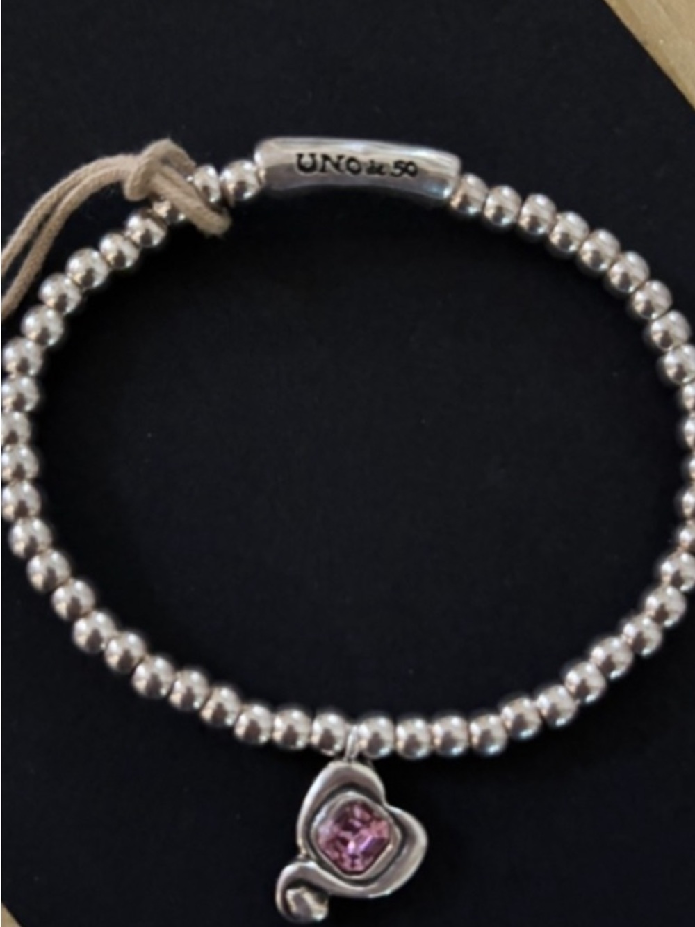 UNO de 50 Silver Beaded Bracelet with a  Crystal Heart Charm. New - Picture 2 of 6